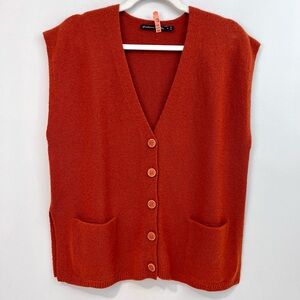 Gudrun Sjoden 100% Wool Knit Vest Size S Rust Orange Button Front Lagenlook